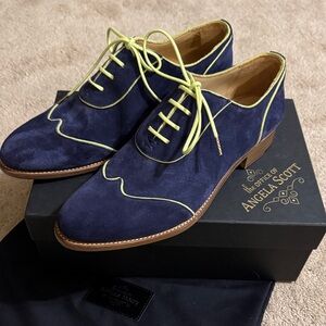 Angela Scott Navy Suede Lace-Up Loafers with Lime Trim